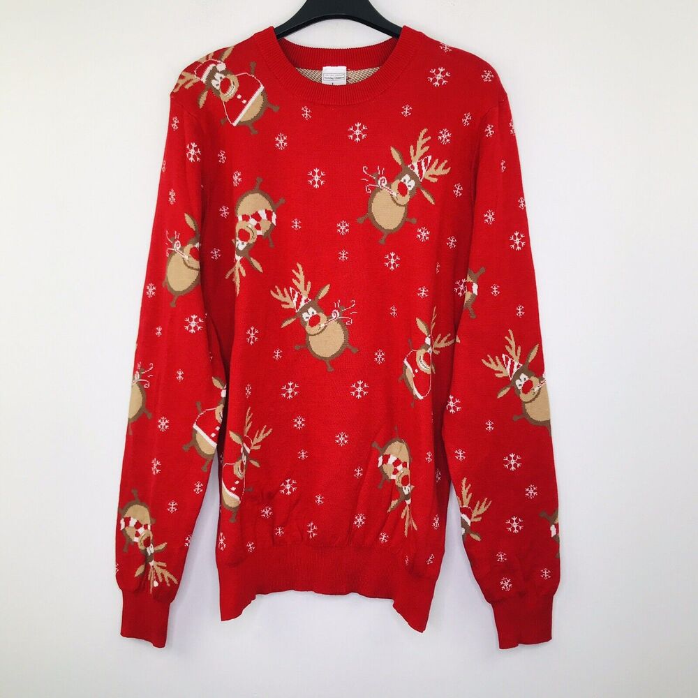 Holiday Classics Men Large Ugly Christmas Sweater Red Rudolph Red Nosed Reindeer